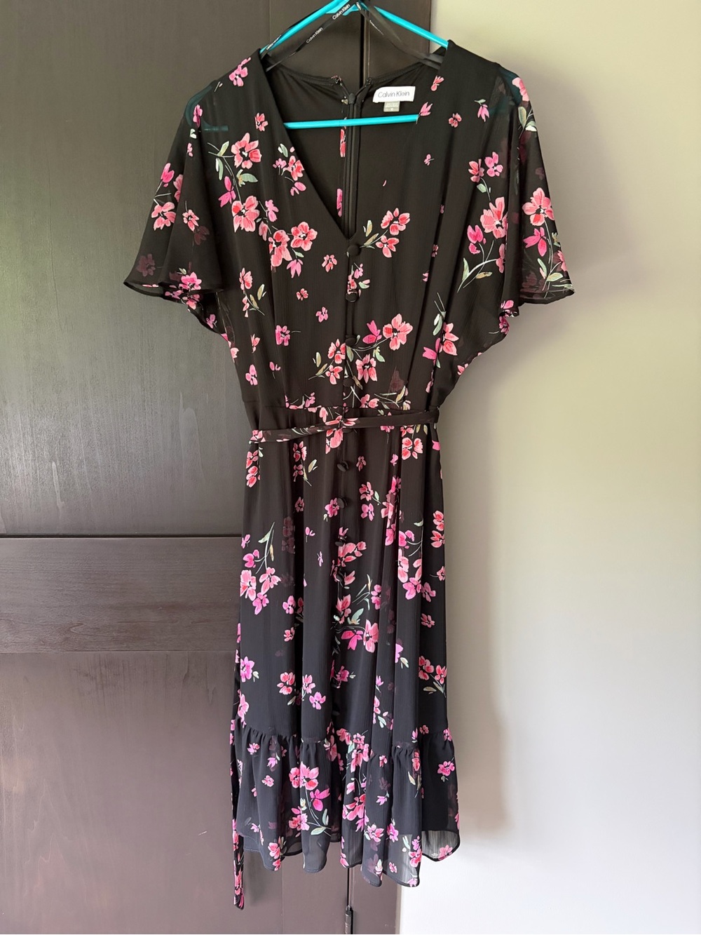 Calvin Klein Black Midi Dress with Pink Floral Print